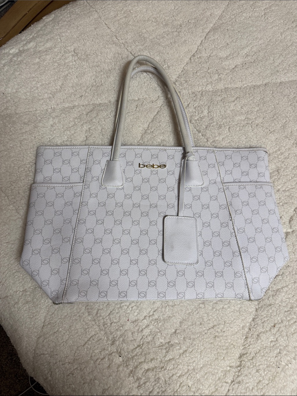bebe White Logo Tote with Gold Plaque